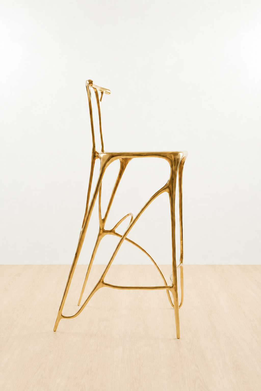 Gold brass bar stool on a white and beige background. side view