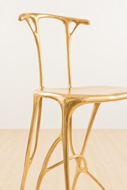 close up Gold brass chair with a beige cushion on a light background