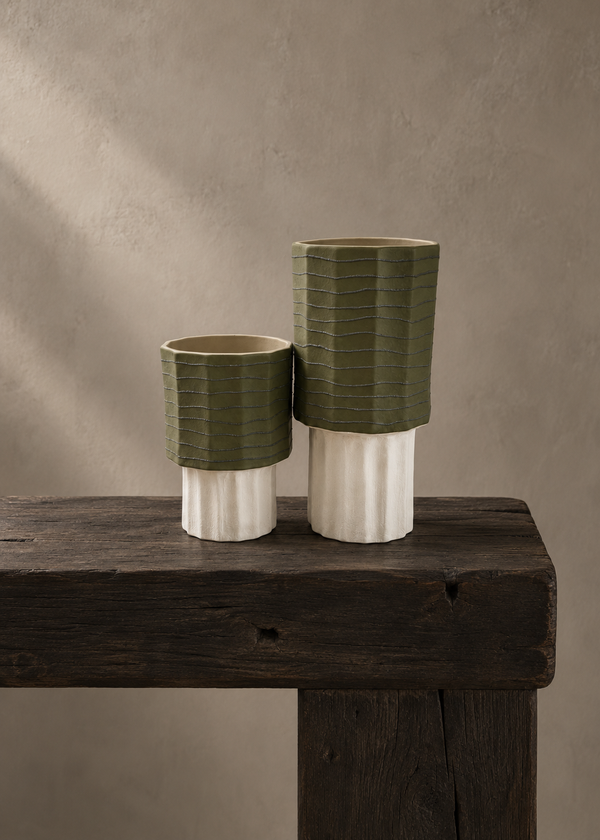 Ridged Ceramic Vase in Olive & Cream