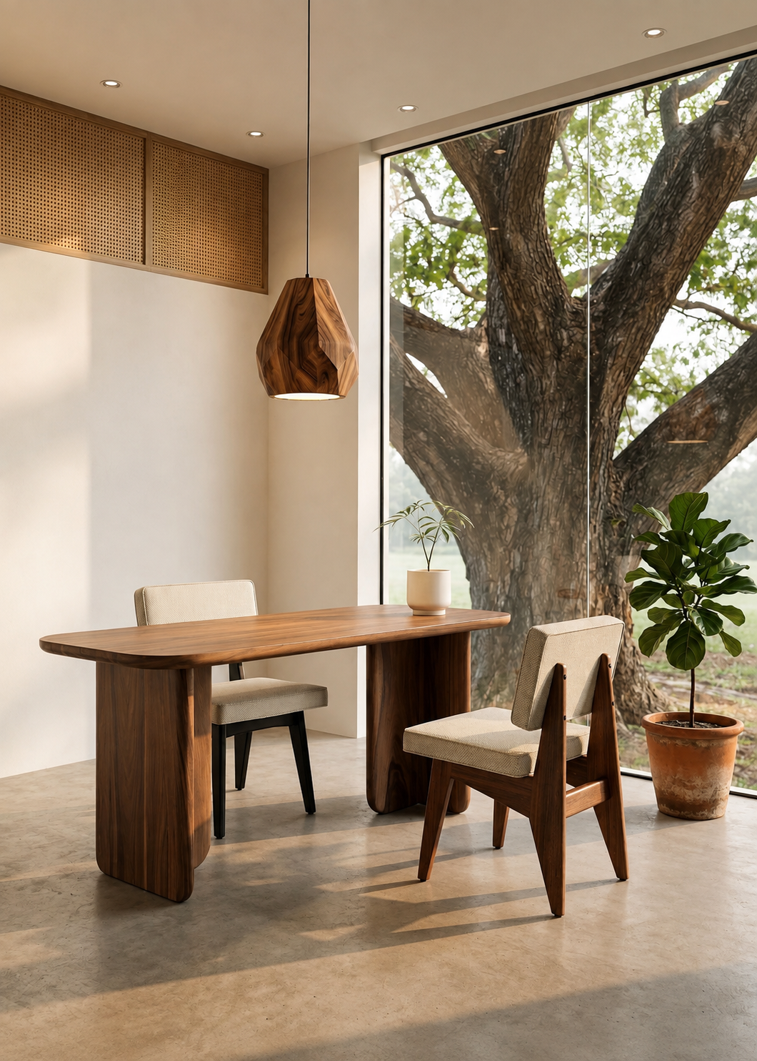 A modern dining area featuring a rectangular wooden table with chunky block legs, paired with two upholstered wooden chairs. A large geometric pendant light hangs above, and the scene is set in a bright room with a massive window showing a large tree outside.