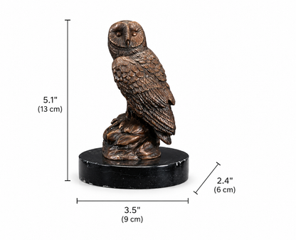 Bronze owl statue on a black marble base with measurements indicated. Height 5.1 inches and 13 cm, width 2.4 inches and 6cm and length 3.5 inches and 9cm