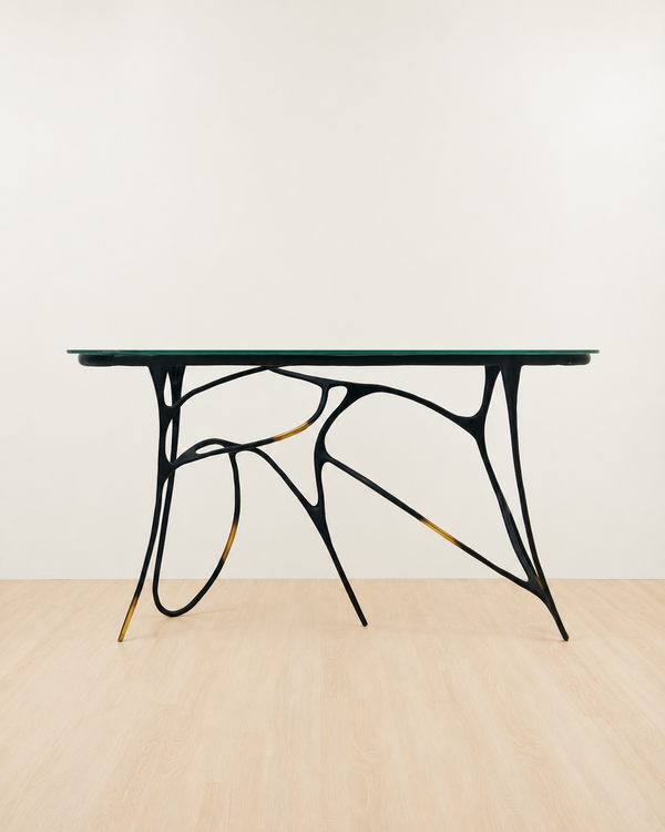 Modern brass console  table with black metal legs and glass top on a beige floor and white wall background