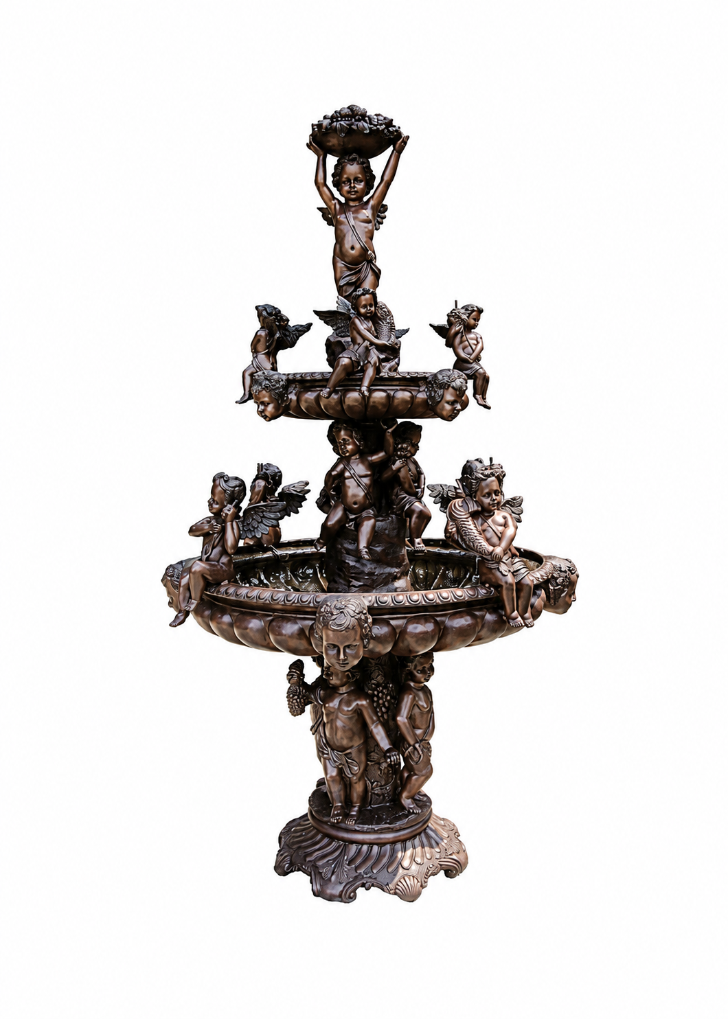 An ornate bronze-toned decorative fountain sculpture featuring multiple cherub and angel figures across three tiers, isolated on a white background.