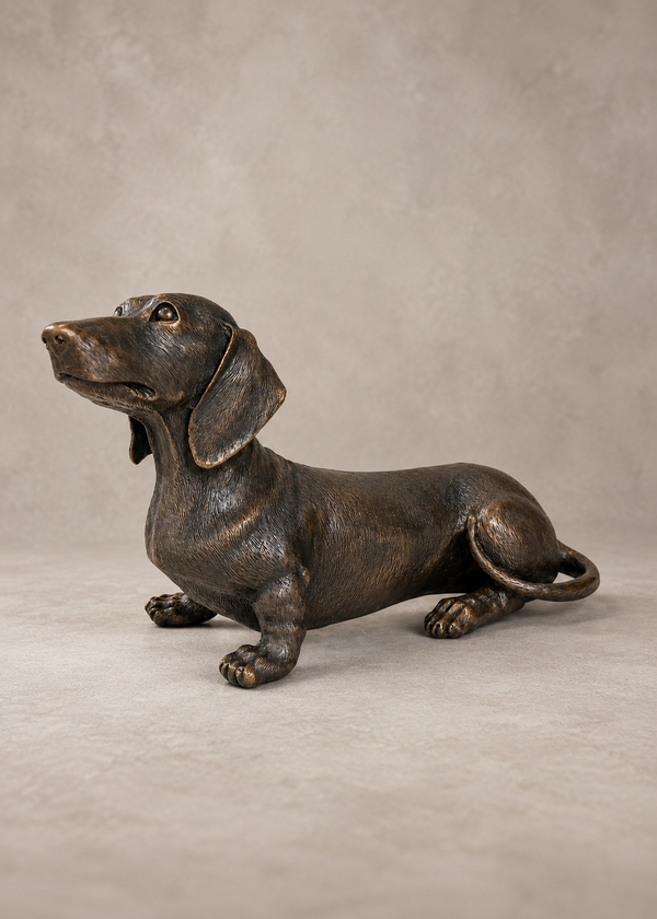 A realistic bronze sculpture of a dachshund lying down, shown against a neutral textured gray studio background.