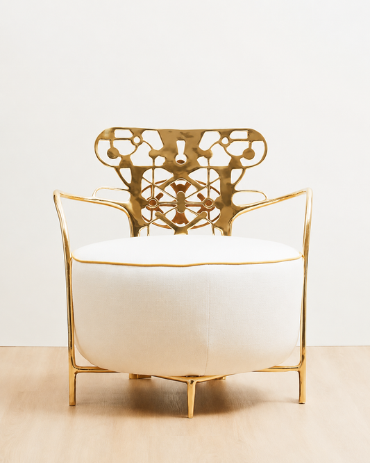 A modern accent chair featuring a round off-white upholstered seat cushion and a sculptural, openwork gold metal frame with curved armrests and a decorative backrest, set against a plain white wall and light wood floor.