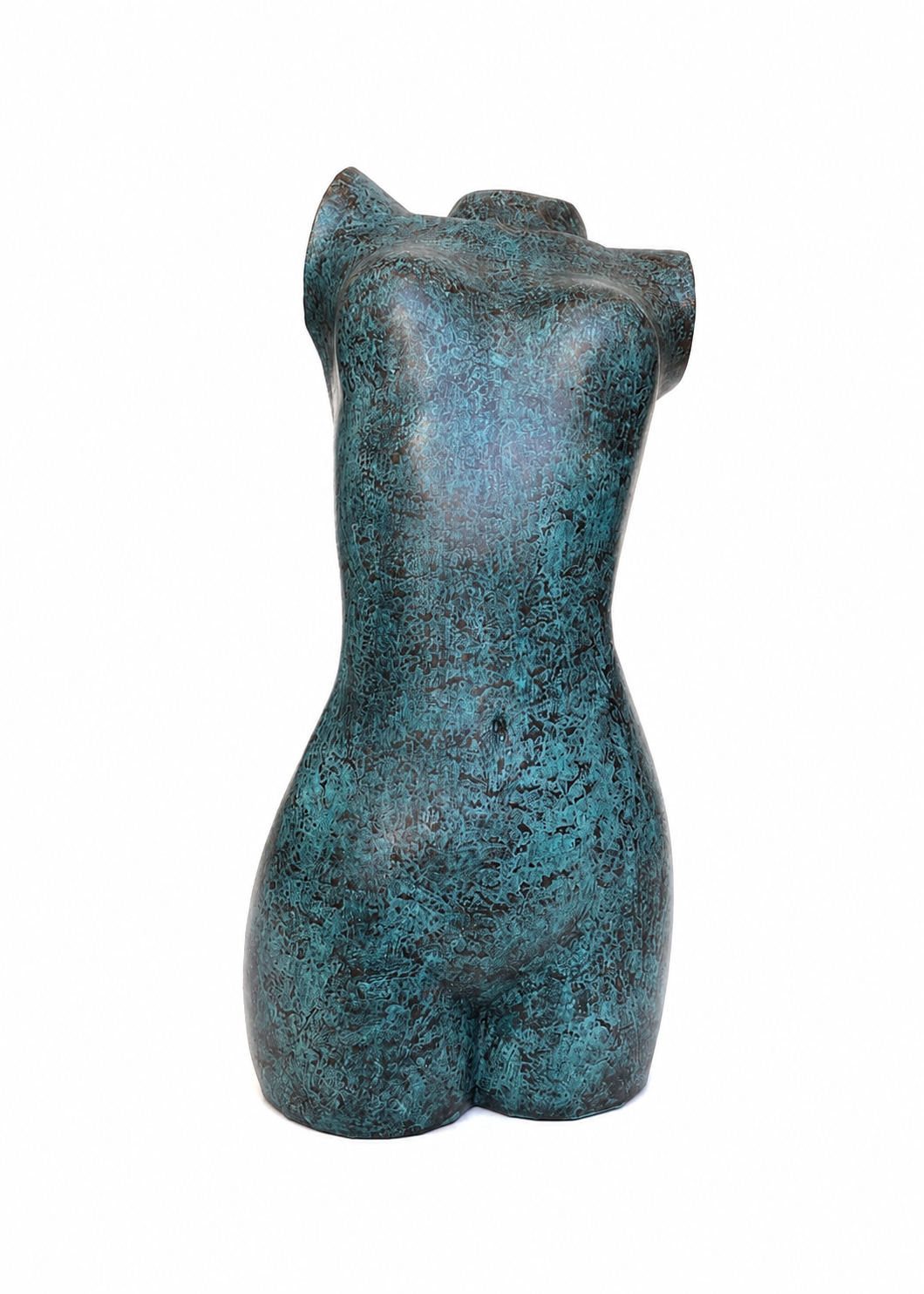 A modernist sculpture of a female torso in a textured teal and dark bronze finish, set against a plain white background.