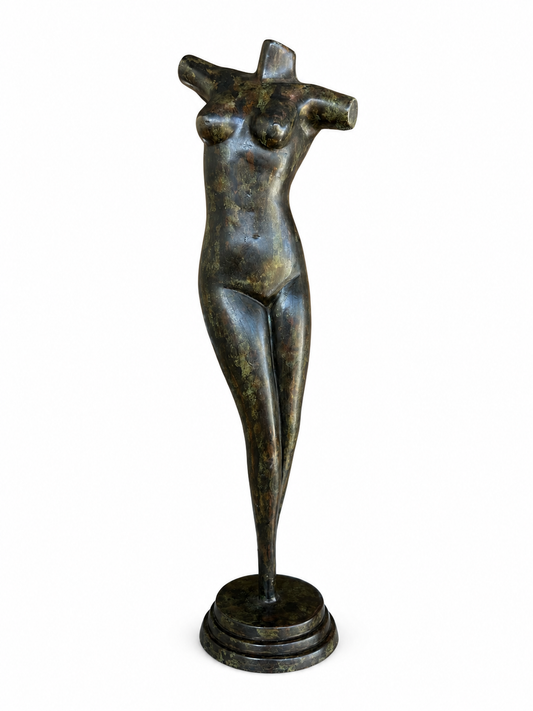 Bronze sculpture of a female figure on a white background