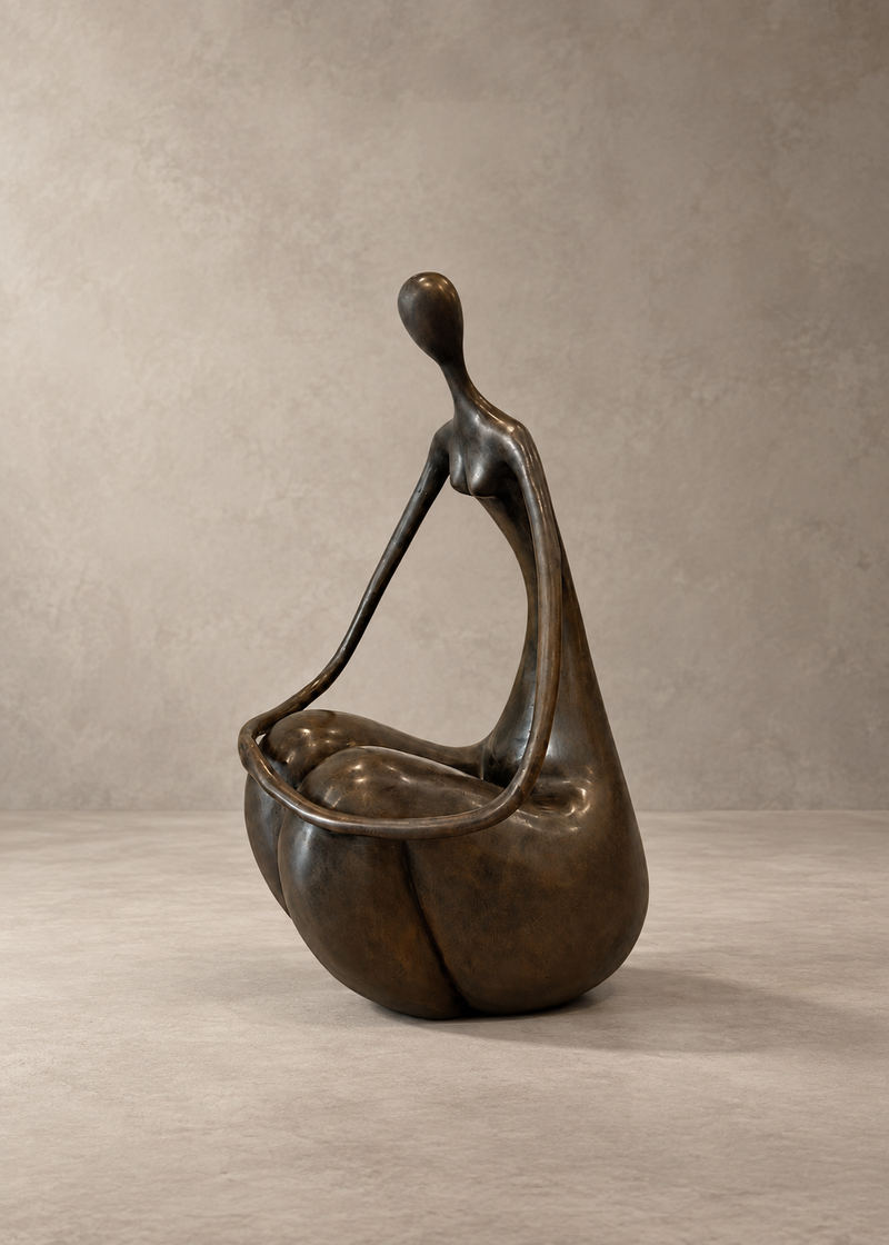 A bronze abstract sculpture of a stylized seated figure holding a rounded basket or vessel, photographed against a neutral textured gray studio backdrop.