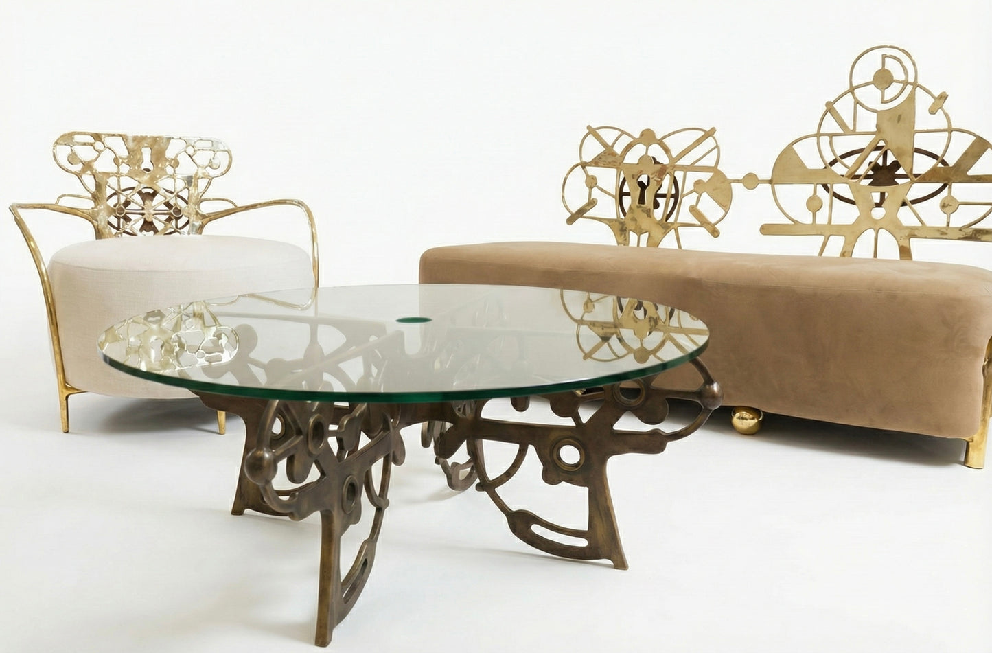 Modern dining set with glass table and chairs on a white background