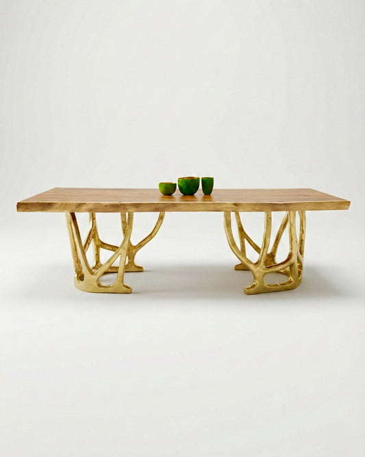 Wooden table with unique brass base design on a white background