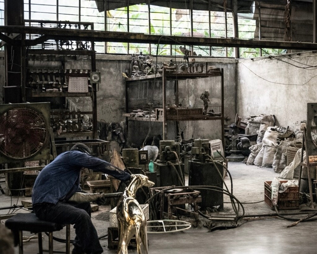 A person in a workshop sits and leans over a brass Kin chair, surrounded by industrial equipment, shelves, tools, and sacks inside a large factory.