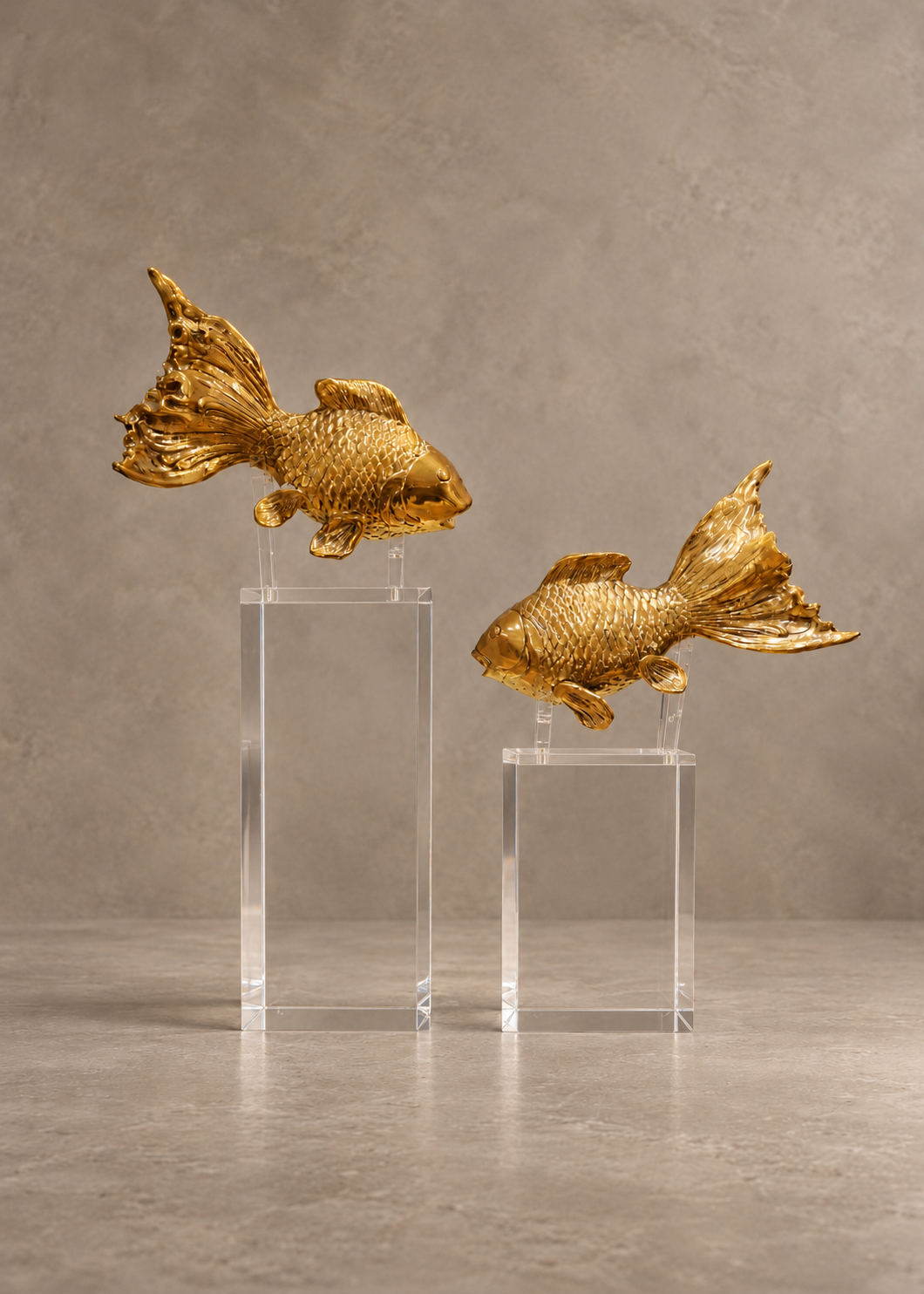 Two gold fish sculptures mounted on clear acrylic pedestals, set against a textured gray studio background.