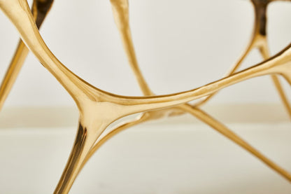 zoom in detail of leg of gold brass bench. 