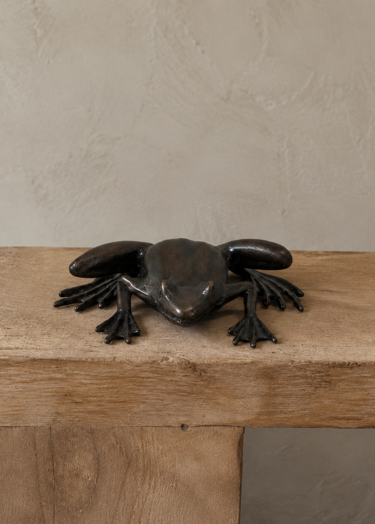 A dark bronze frog sculpture sitting on a rustic wooden bench against a textured beige wall.