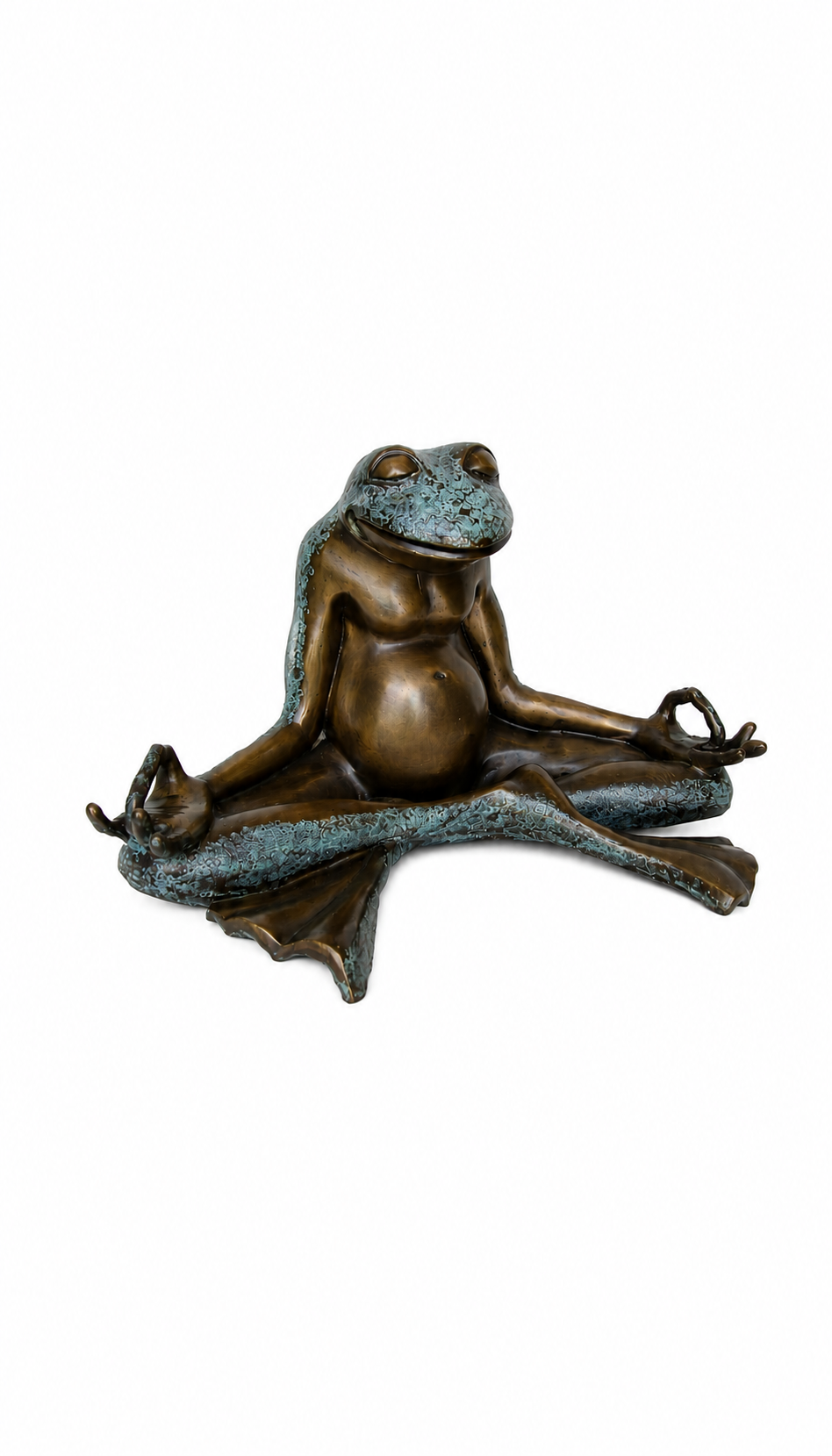 A bronze-finished sculpture of a frog meditating in a lotus pose, featuring a textured, weathered patina with blue-green oxidation, set against a plain white background.