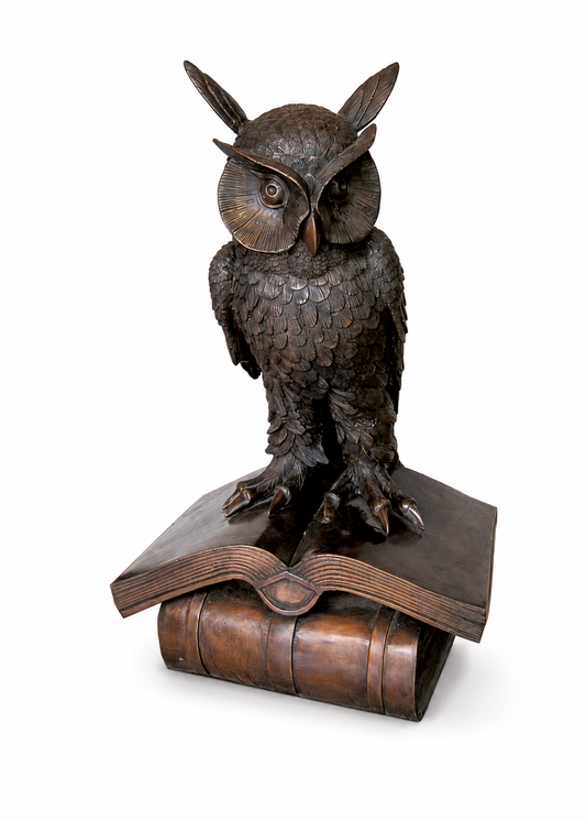 A bronze sculpture of an owl perched on an open book, set against a plain white background.