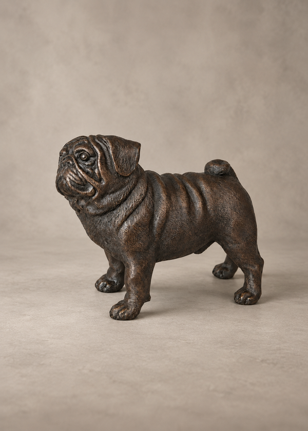 A dark bronze-finished metal sculpture of a pug dog standing in profile, set against a neutral textured beige background.