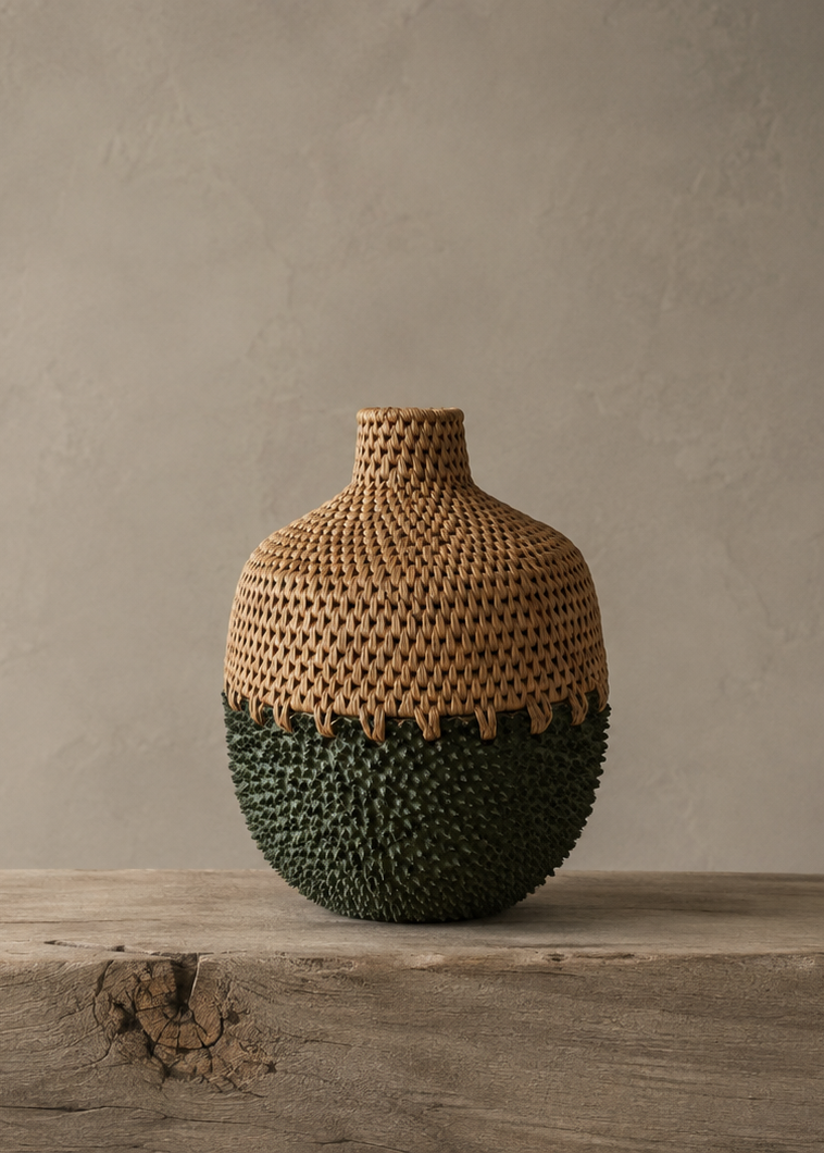 A hand-woven ceramic vase with a natural tan top half and a dark green textured bottom half, displayed on a rustic wooden block against a neutral gray plaster wall.