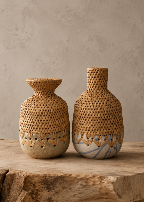 Two decorative woven ceramic vases with textured bodies and patterned bands, displayed on a rustic wood slab against a neutral textured wall.