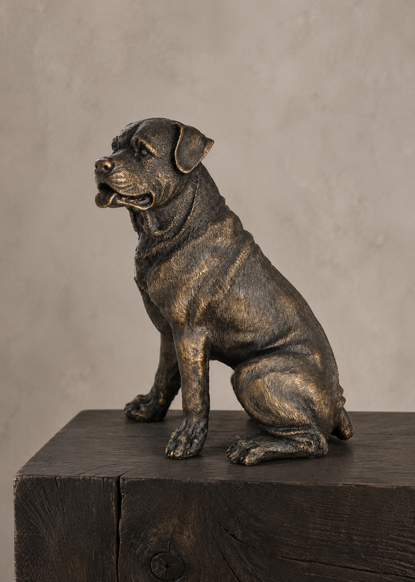 A bronze sculpture of a sitting dog, shown in profile on a dark wooden block against a textured neutral gray background.