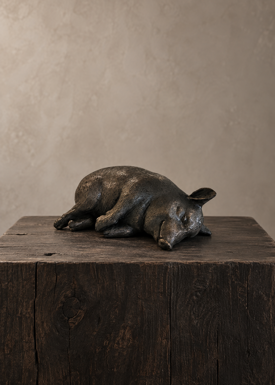 A dark bronze sculpture of a sleeping pig resting on a rustic dark wood block, set against a textured beige background.