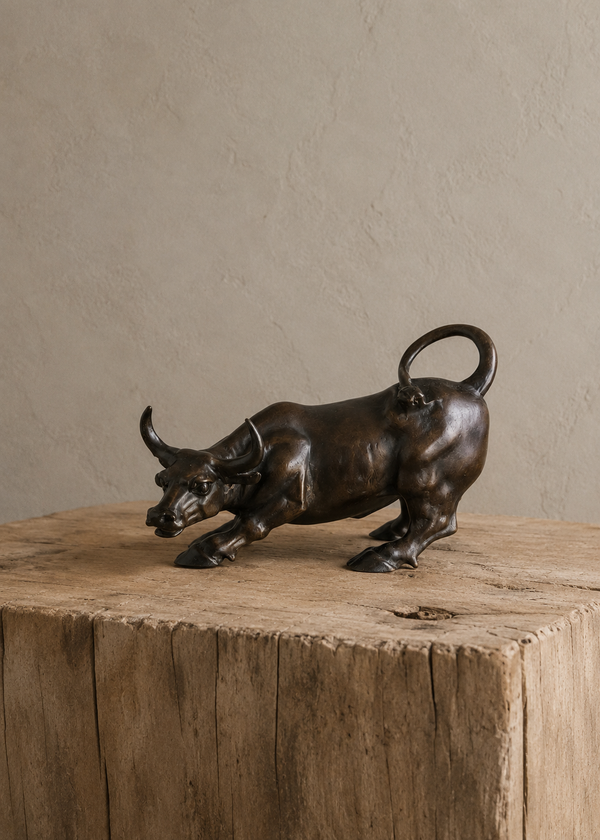 A dark bronze bull sculpture in a crouching, charging pose, displayed on a rustic wooden block against a textured beige wall.