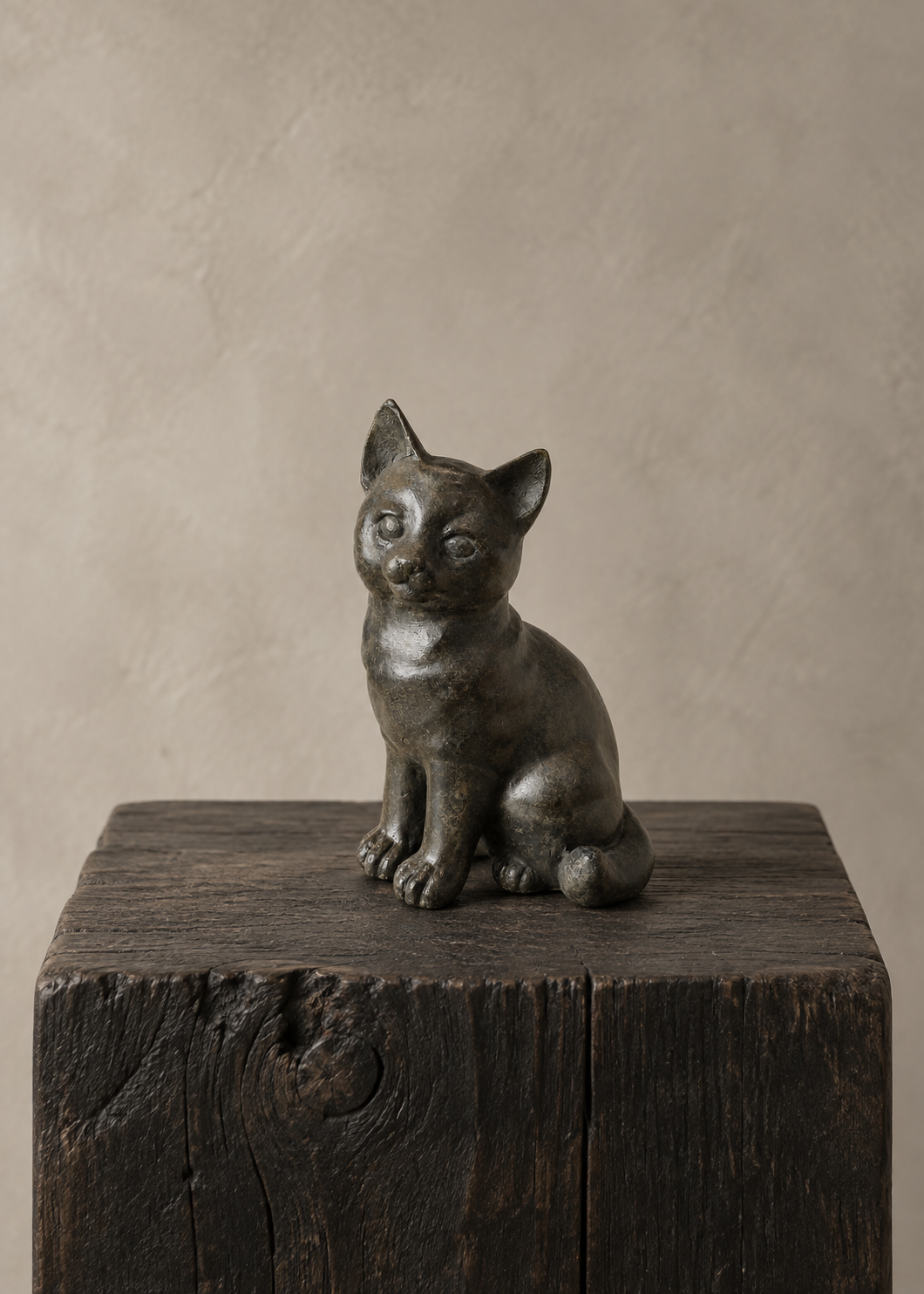 A small dark bronze cat figurine or sculpture sitting on a rustic dark wooden block against a warm beige textured studio background.