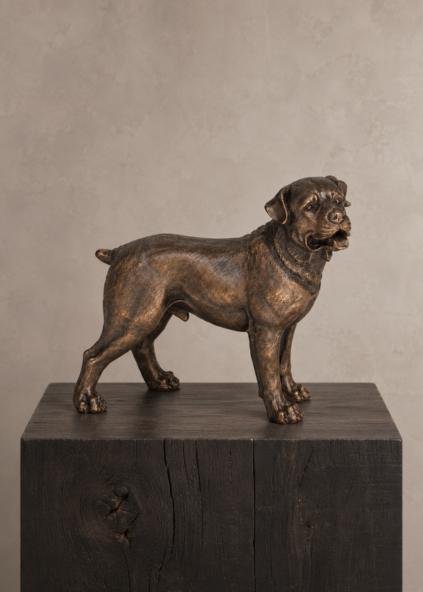 A bronze sculpture of a standing dog, shown in profile, mounted on a dark wooden pedestal against a neutral textured gray background.
