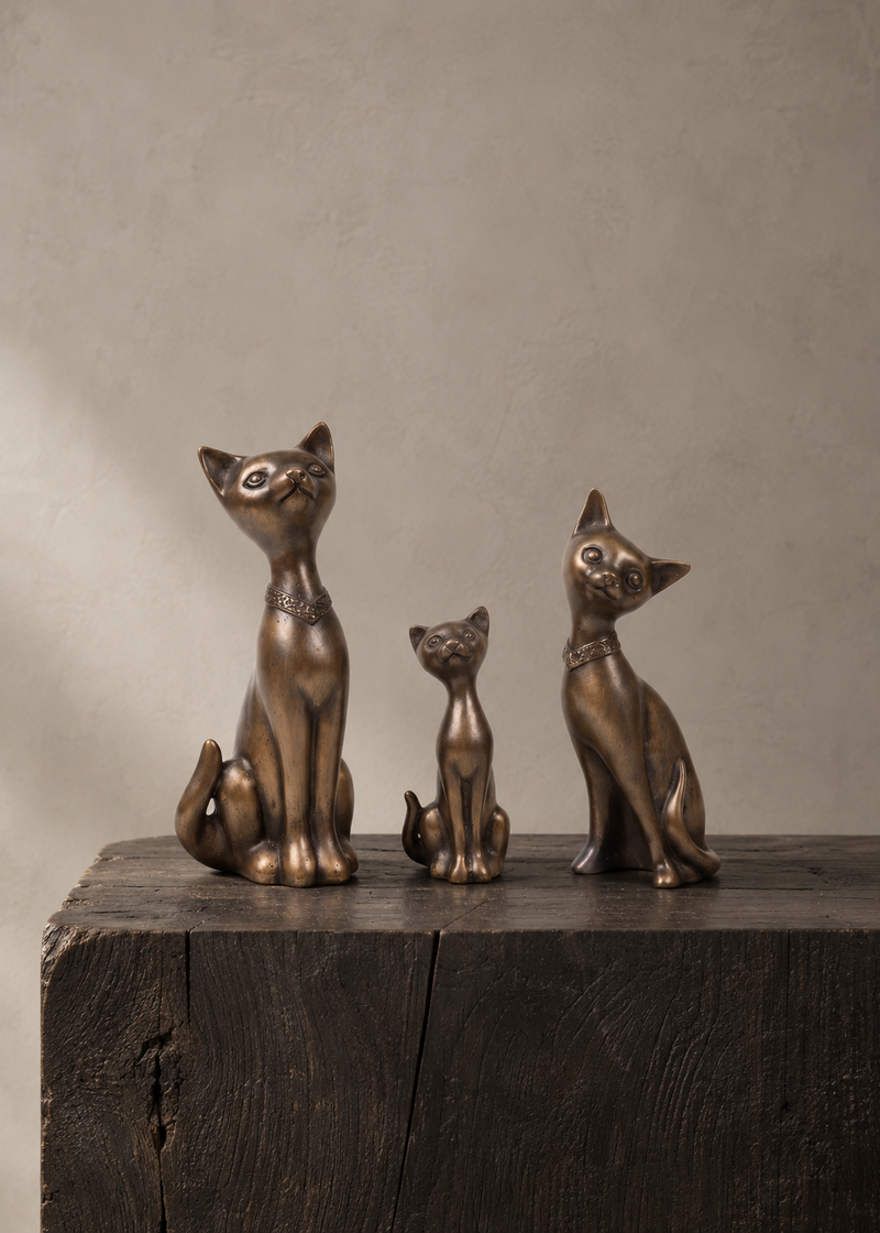 Three bronze cat figurines of different sizes arranged on a dark wooden block against a textured beige wall.