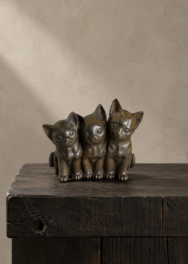 Three small bronze kitten figurines sitting side by side on a rustic dark wooden surface against a textured beige wall.