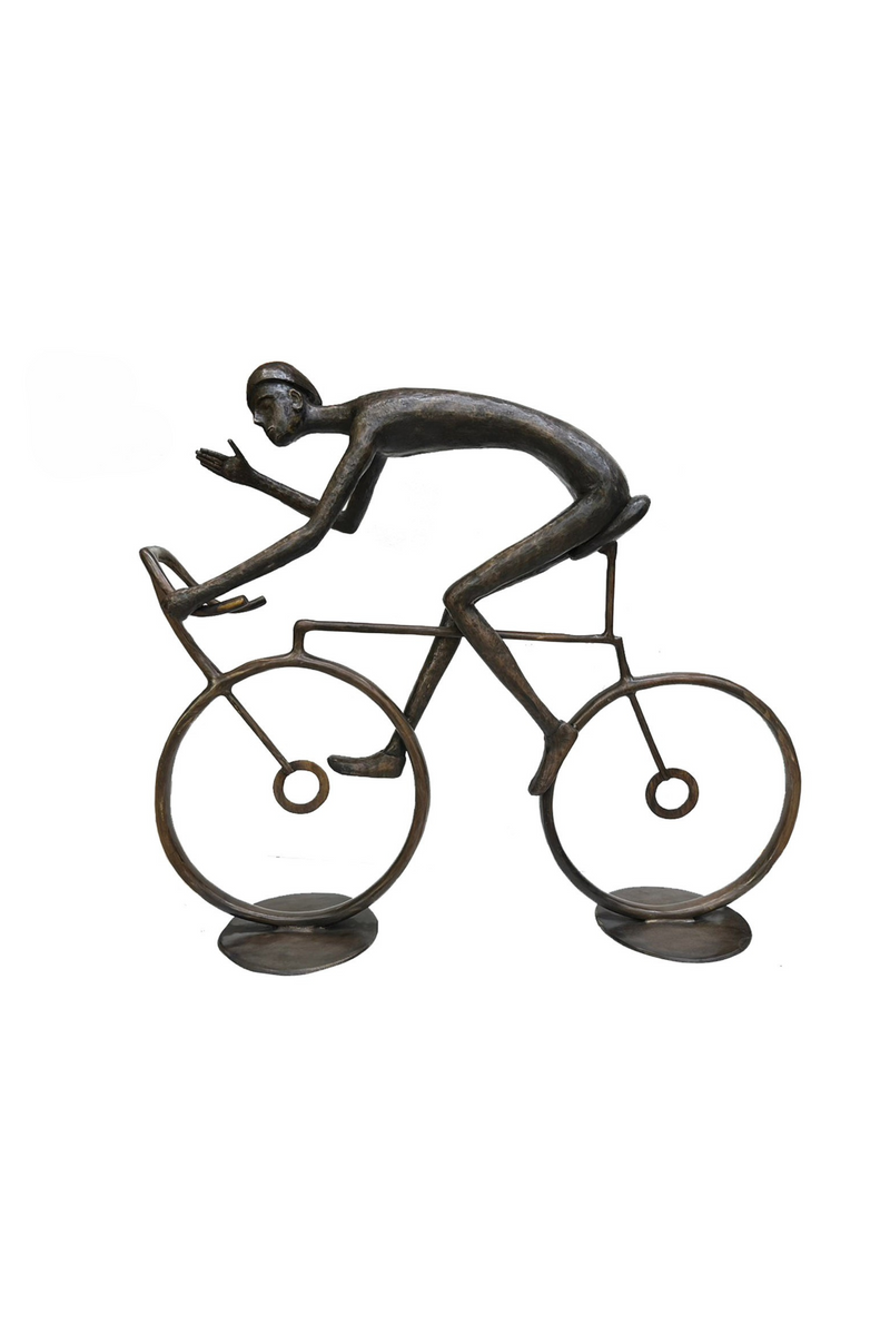 Bronze luxury handmade furniture sculpture of a cyclist waving, ideal for modern luxury decor, on a white background.