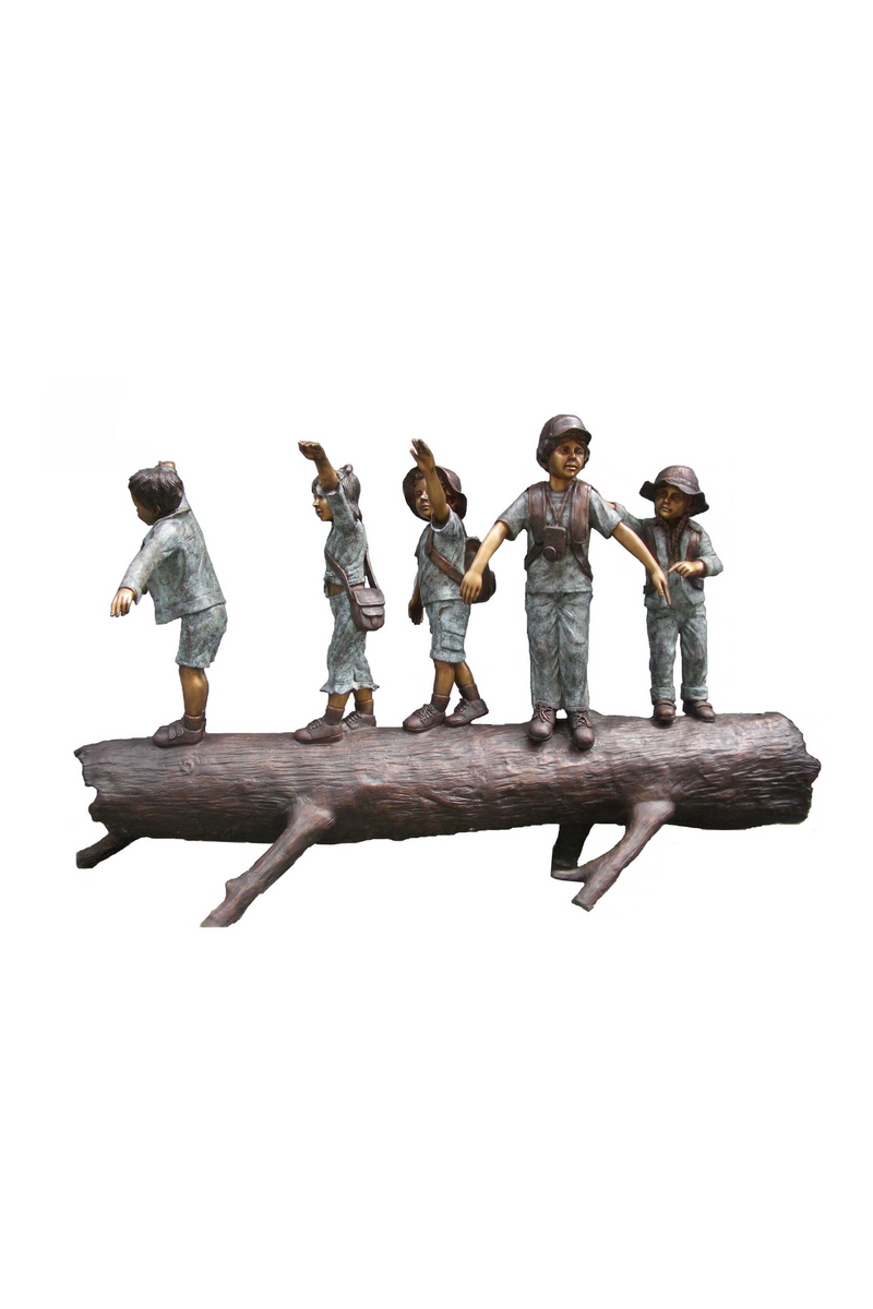 Bronze luxury handmade furniture sculpture of five children sitting on a log, perfect for modern luxury decor, on a white background.