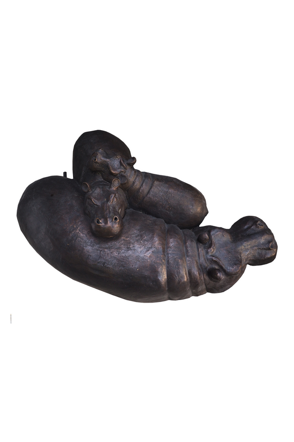 Bronze luxury handmade furniture sculpture of three hippos in the water, ideal for modern luxury decor, on a white background.