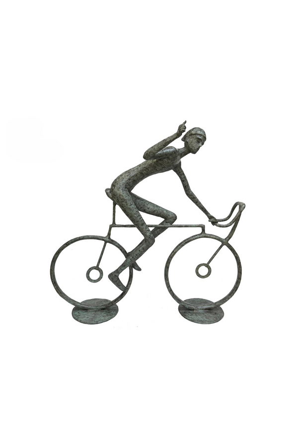 Bronze luxury handmade furniture sculpture of a cyclist, ideal for modern luxury decor, on a white background