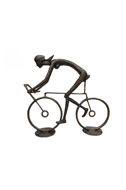 Bronze luxury handmade furniture sculpture of a cyclist, ideal for modern luxury decor, on a white background