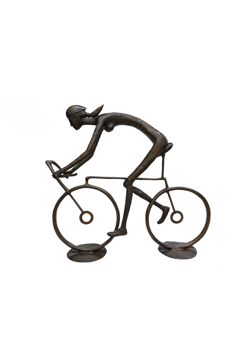 Bronze luxury handmade furniture sculpture of a cyclist, ideal for modern luxury decor, on a white background