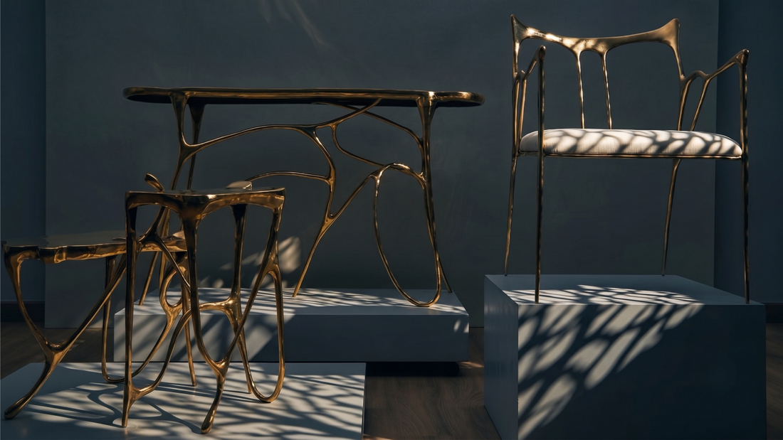 A set of sculptural, organic-shaped metal furniture pieces.  Functional, Sculptural, Beautiful. Crafted by hand. Designed with intention. Click to view Sumi collection.