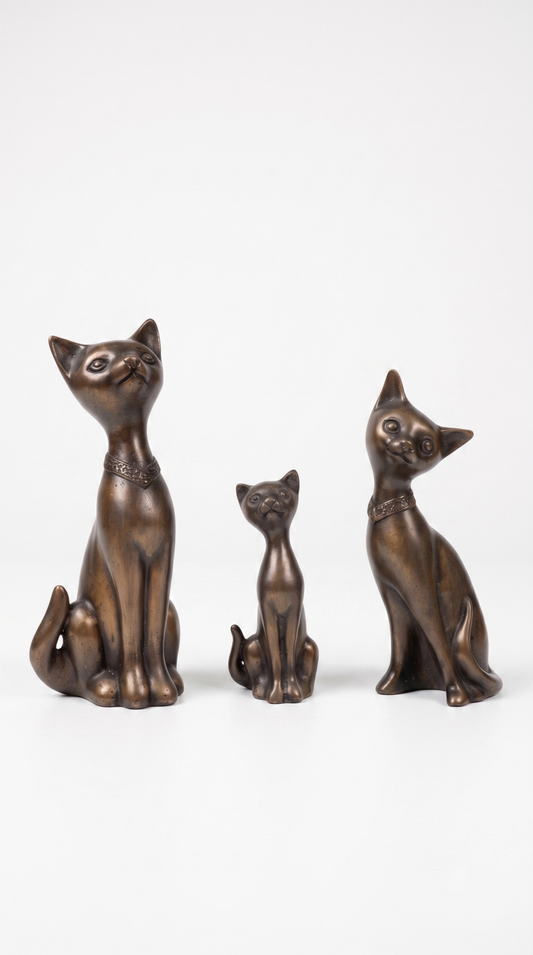Three bronze-finished cat figurines of different sizes arranged side by side on a plain white background.