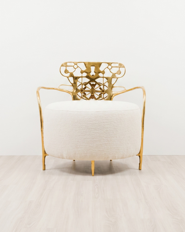 A modern lounge chair with a round off-white upholstered seat and a decorative gold metal frame, set against a minimalist white wall and light wood floor.