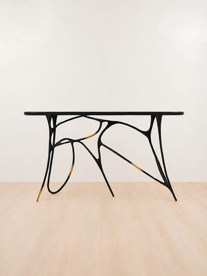 A modern console table with a black rectangular top and an organic, branching black metal base accented with gold-toned details, set against a minimalist off-white wall and light wood floor.