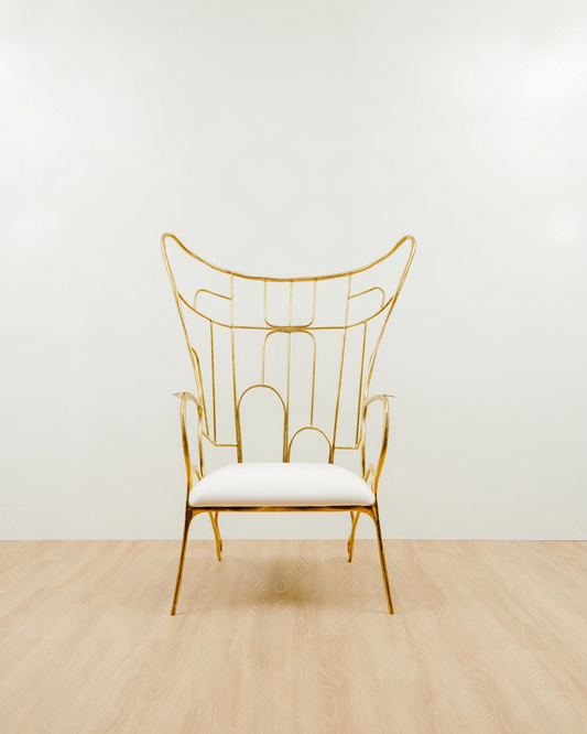 Gold brass luxury handmade furniture wire chair with white cushion, perfect for modern luxury decor, on a plain white background.