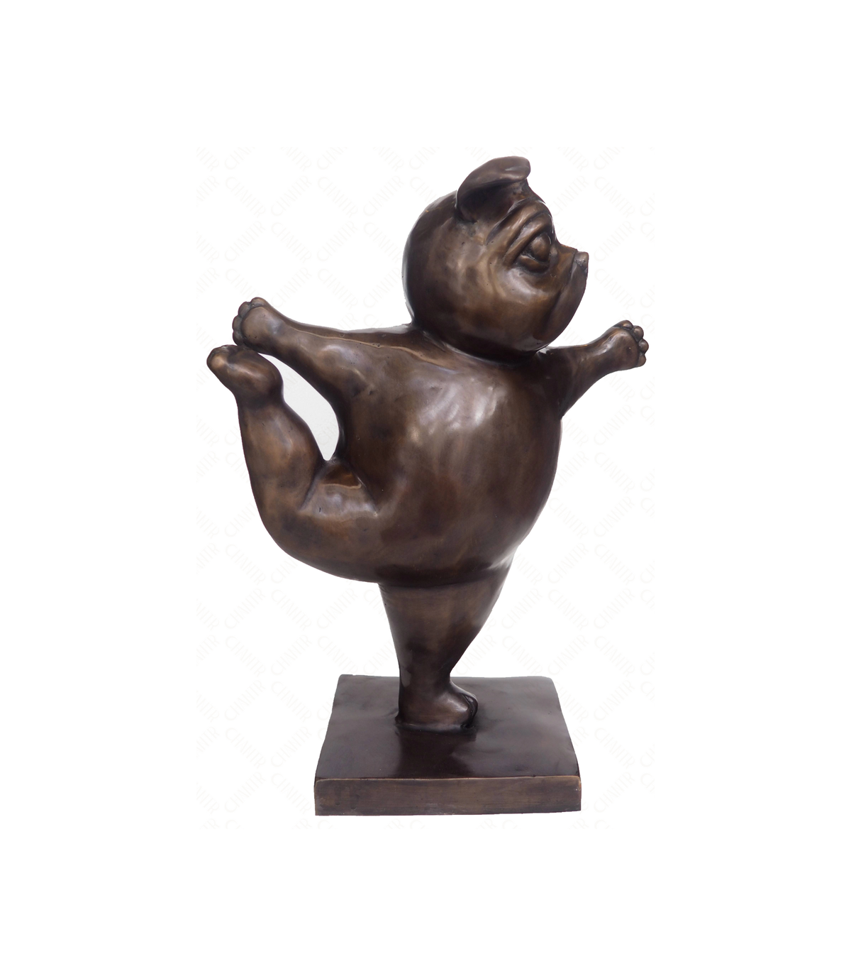 Bronze sculpture of a pug doing a yoga pose. 