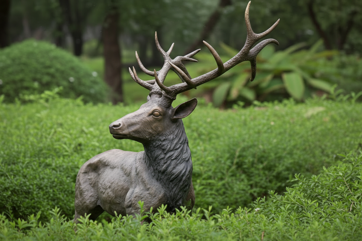 Statue of a deer with large antlers in a garden setting