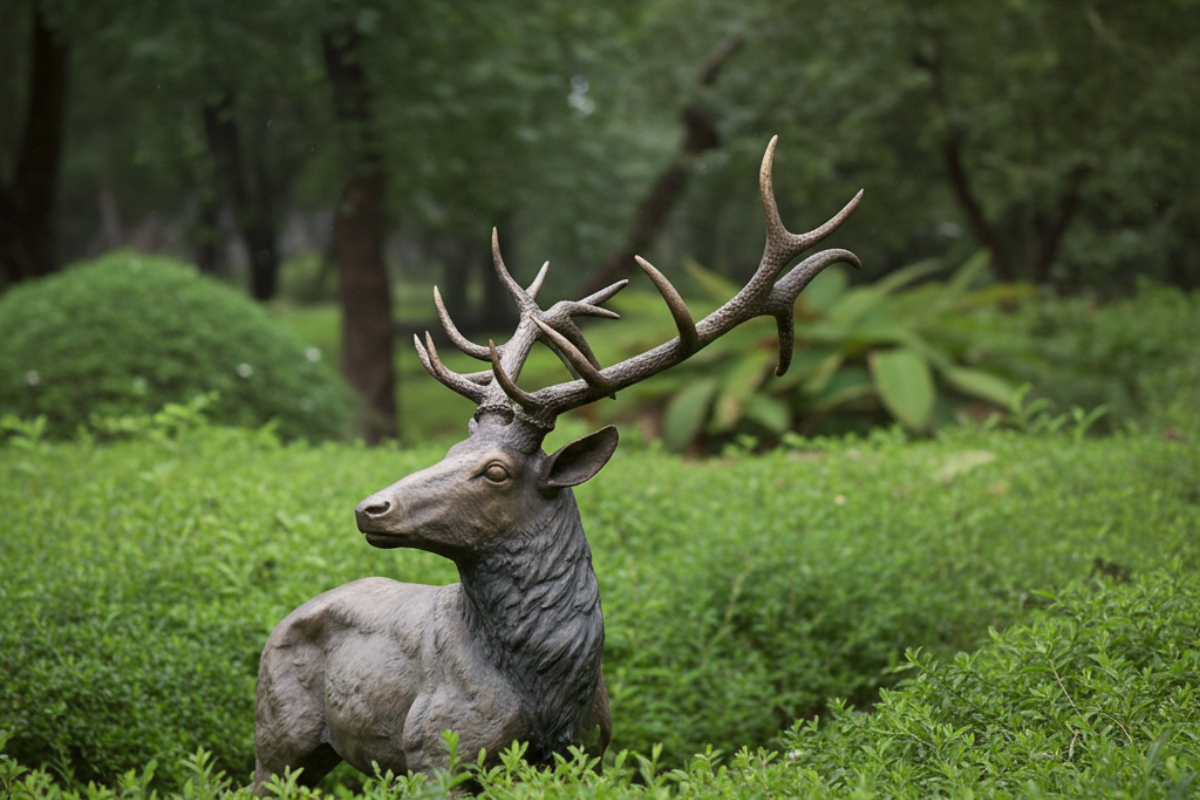 Statue of a deer with large antlers in a garden setting