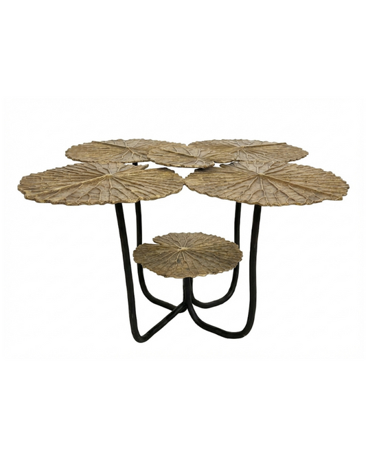 Decorative table with leaf-like designs on a white background