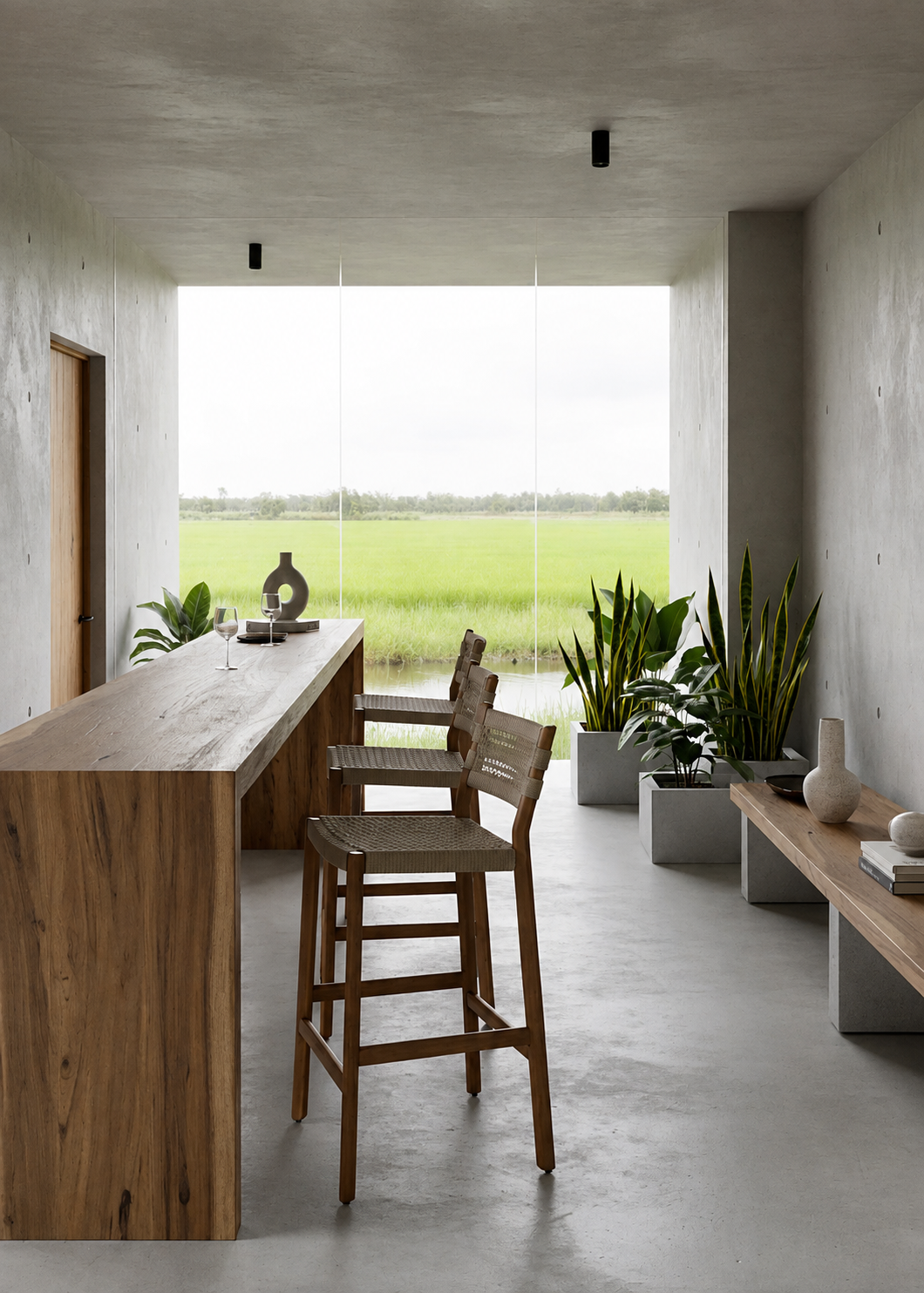 A modern minimalist interior featuring a long wooden bar counter with three wooden bar stools, set in a concrete room with a large window overlooking a green field.