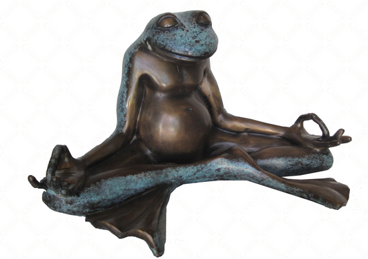 Bronze luxury handmade furniture frog sculpture in a meditative pose, ideal for modern luxury decor, on a white background.