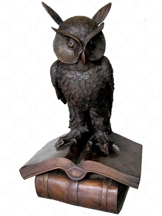Bronze luxury handmade furniture owl statue on an open book, perfect for modern luxury decor, on a white background.