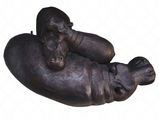 Bronze luxury handmade furniture sculpture of three hippos in the water, ideal for modern luxury decor, on a white background.