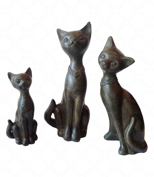 Three bronze luxury handmade furniture cat figurines in different sizes, ideal for modern luxury decor, on a white background.